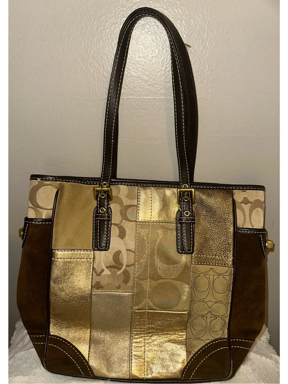 Vintage Coach Hampton Patchwork Tote Bag Brown Suede & Metallic Gold Y2K